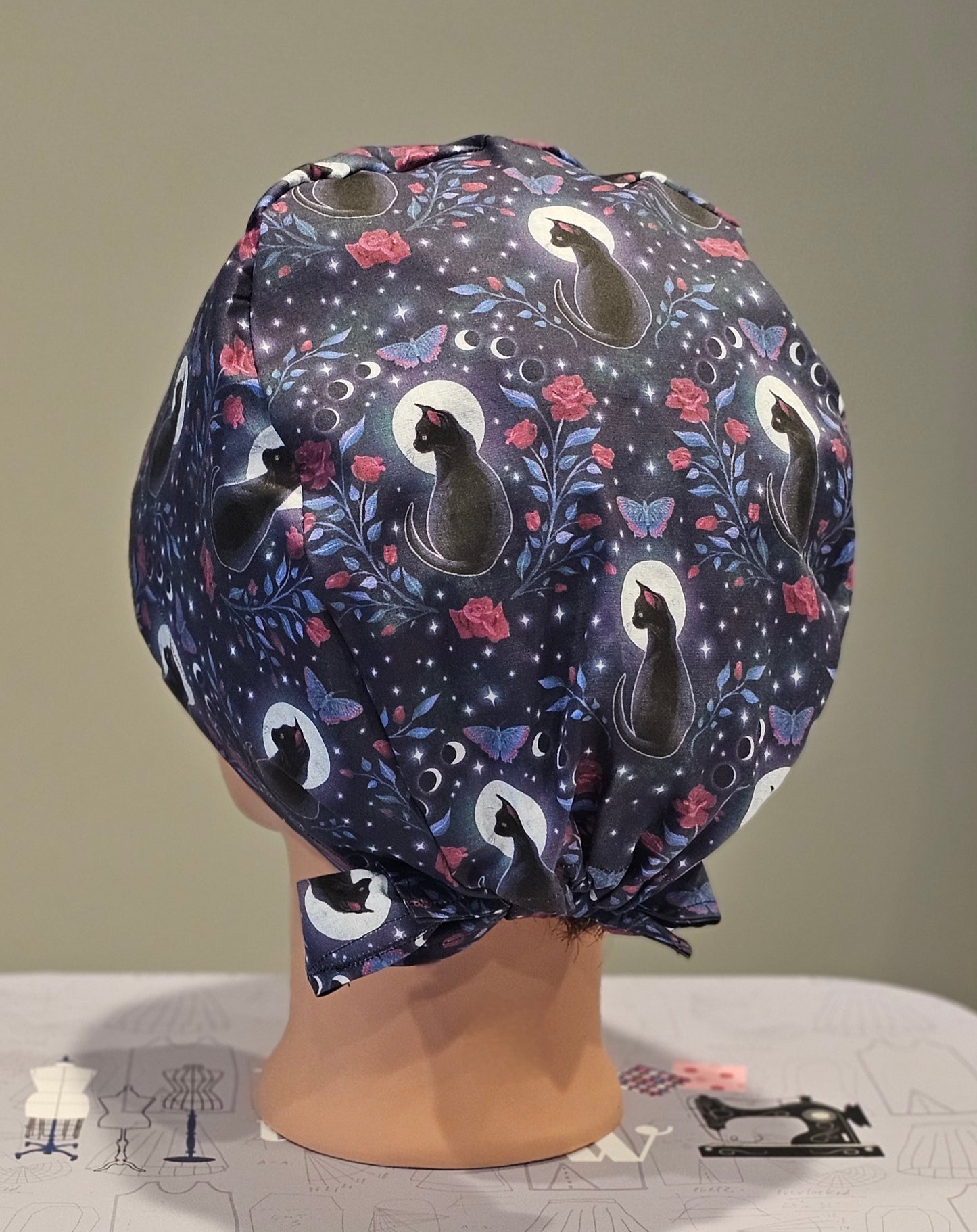 Moongazing Whimsigothic Black Cat with Roses Scrub Caps