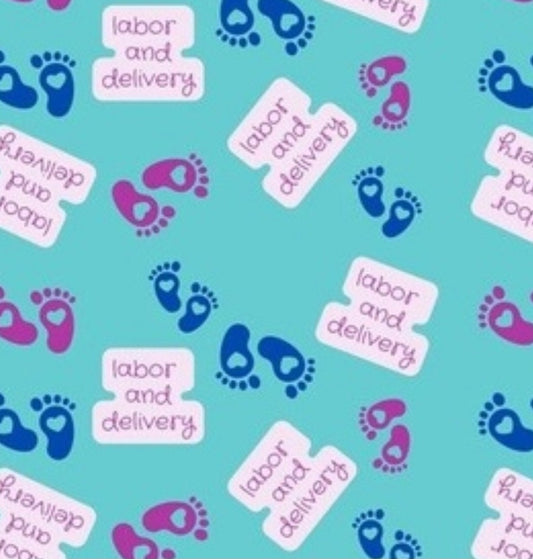 Baby Feet Labor and Delivery on Aqua Scrub Caps