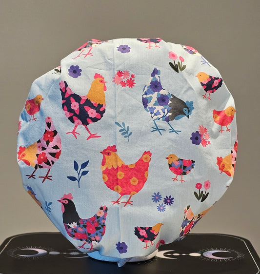 Spring Chickens On Blue Scrub Caps