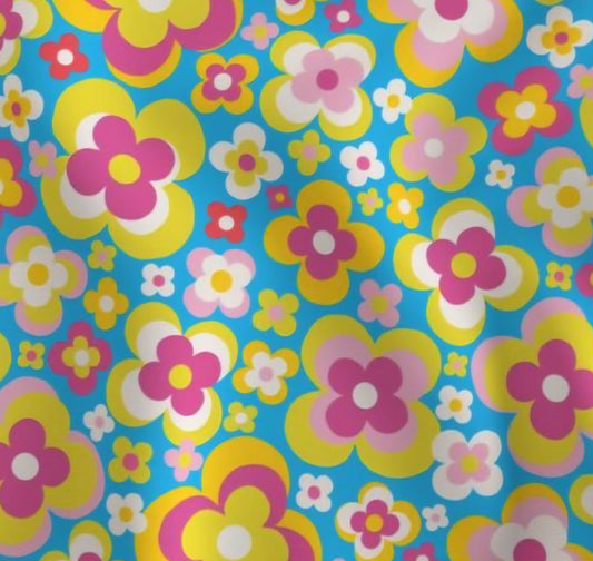 70s Groovy Magenta Yellow Flower in Bright Sky Blue Scrub Caps