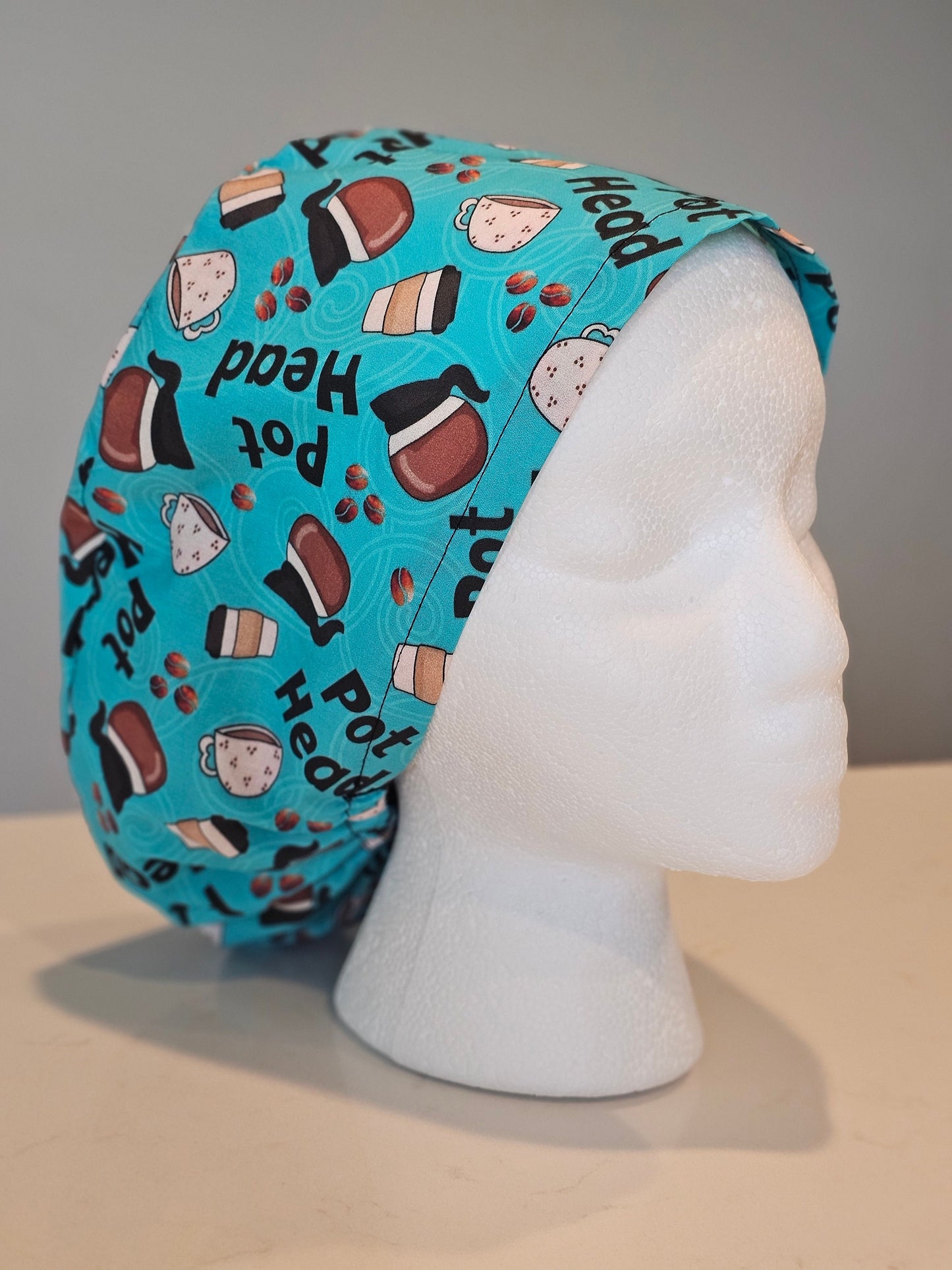 Pot Head Coffee Scrub Cap in Bouffants, Euros, Ponytails, and Skull Caps