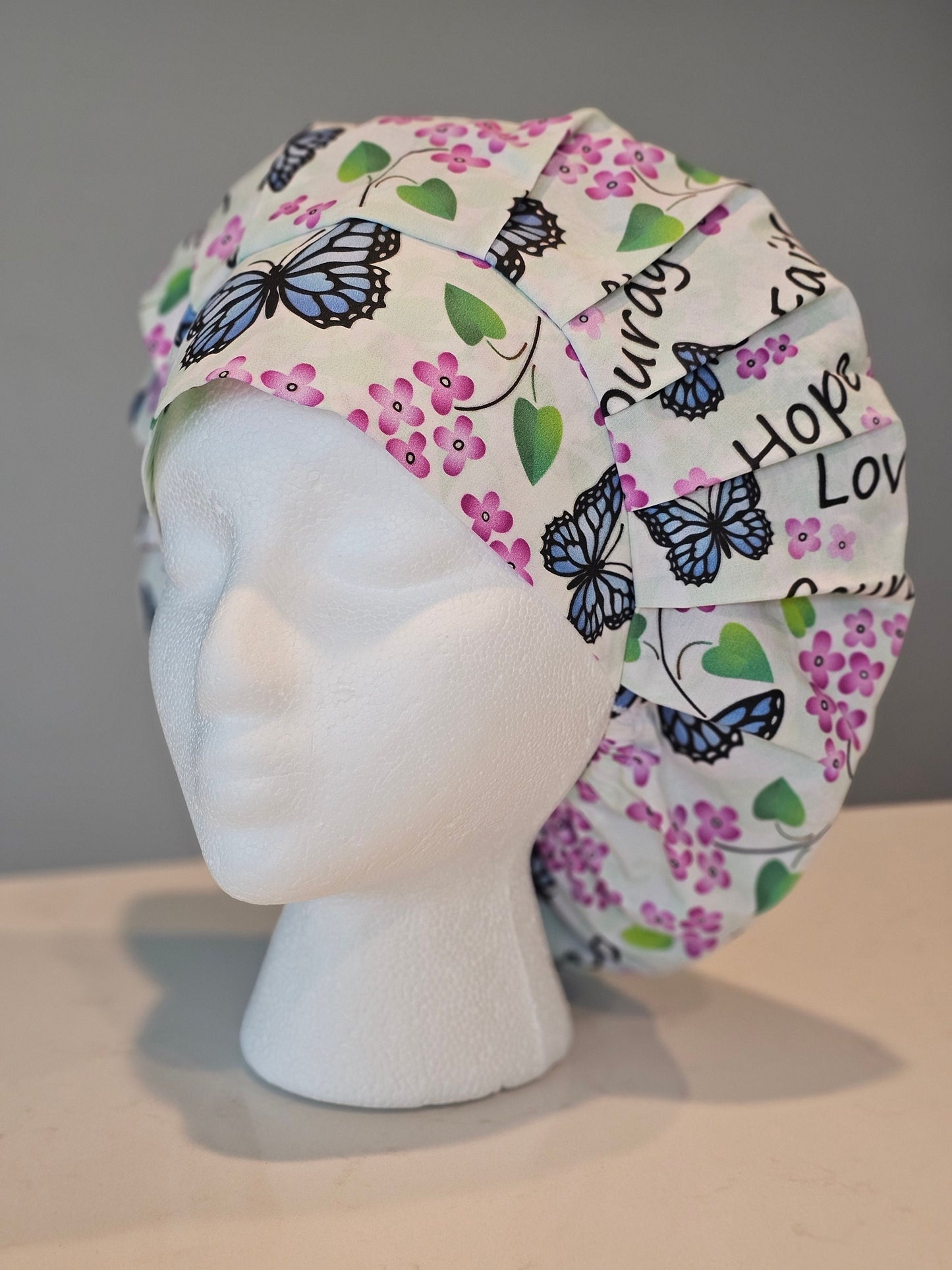 Lilacs and Blue Butterflies Faith Scrub Caps In Bouffants Ponytails Skull Caps Euros