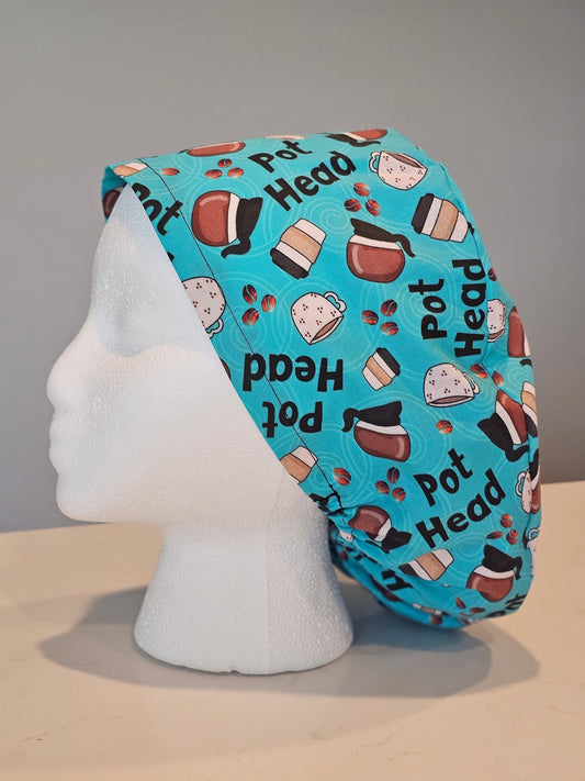 Pot Head Coffee Scrub Cap in Bouffants, Euros, Ponytails, and Skull Caps