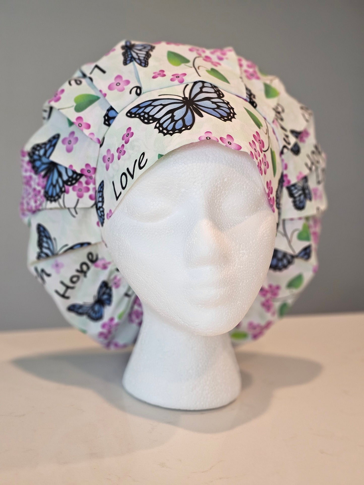 Lilacs and Blue Butterflies Faith Scrub Caps In Bouffants Ponytails Skull Caps Euros