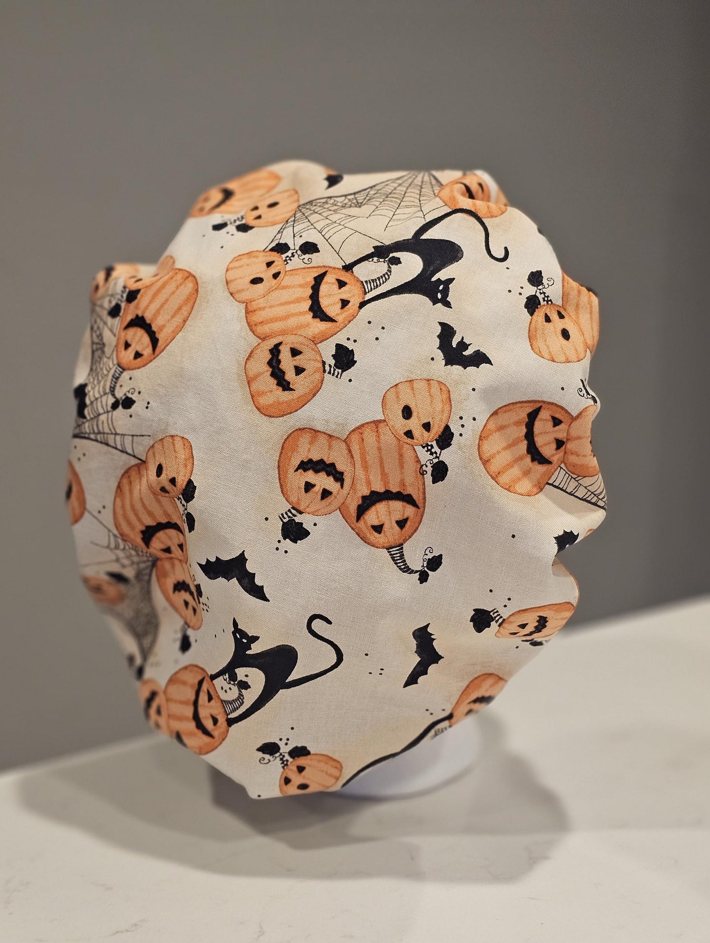 Halloween Black Cats and Pumpkins Scrub Caps Bouffants Surgical Skull Caps Ponytails