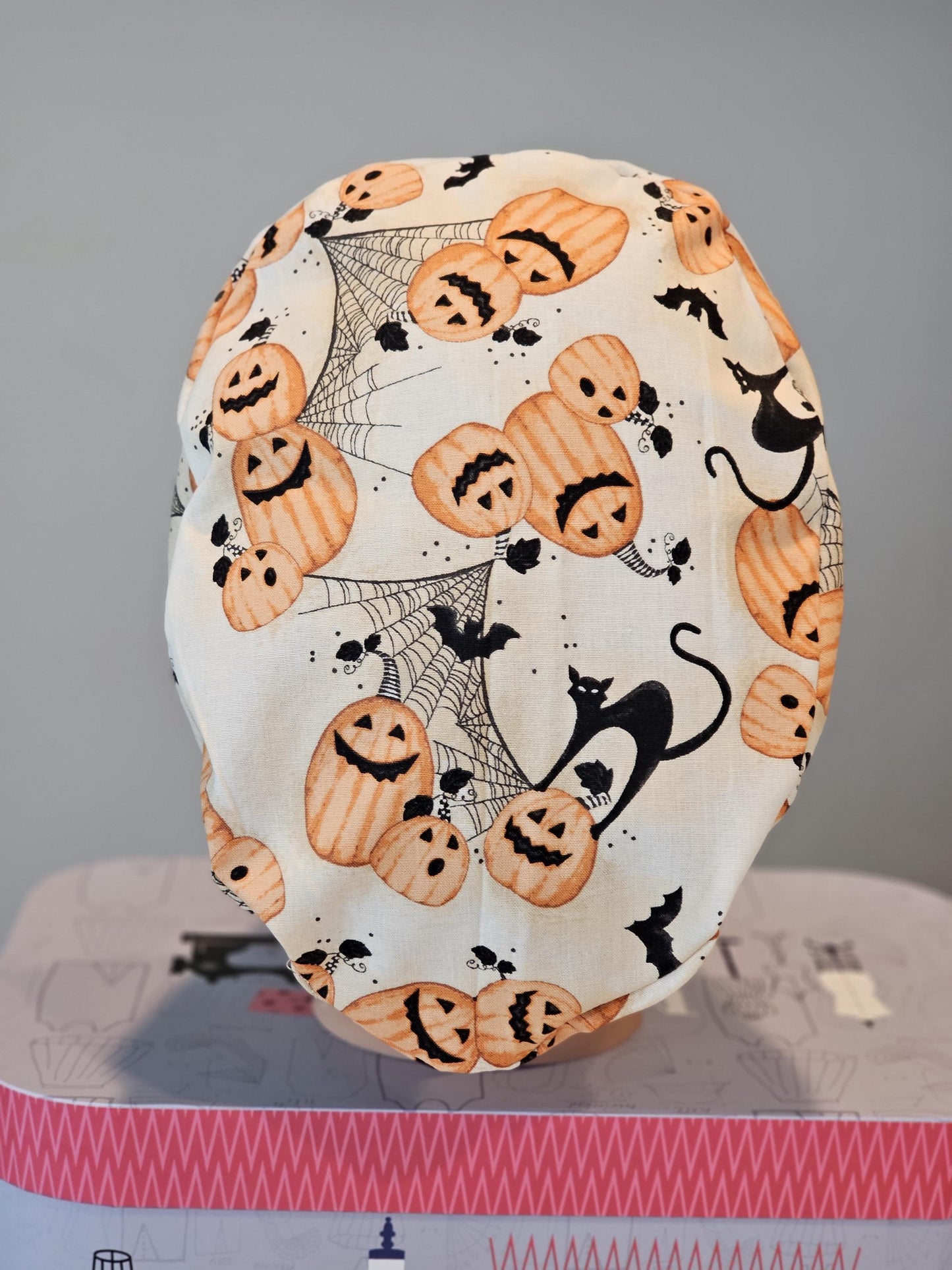 Halloween Black Cats and Pumpkins Scrub Caps Bouffants Surgical Skull Caps Ponytails