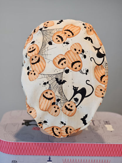 Halloween Black Cats and Pumpkins Scrub Caps Bouffants Surgical Skull Caps Ponytails