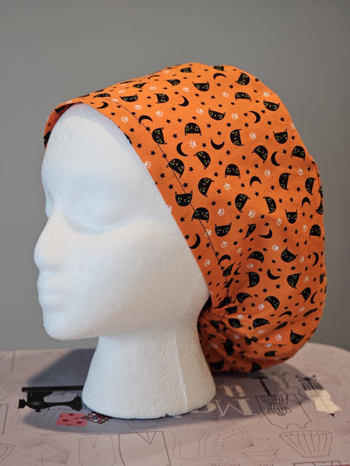 Cats and Moons on Orange Halloween Scrub Caps