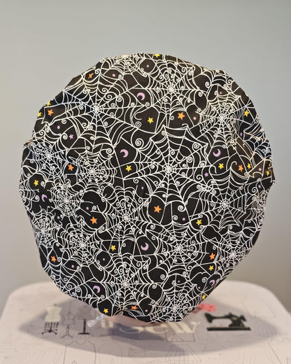 Halloween Spiderwebs & Stars On Black Scrub Caps