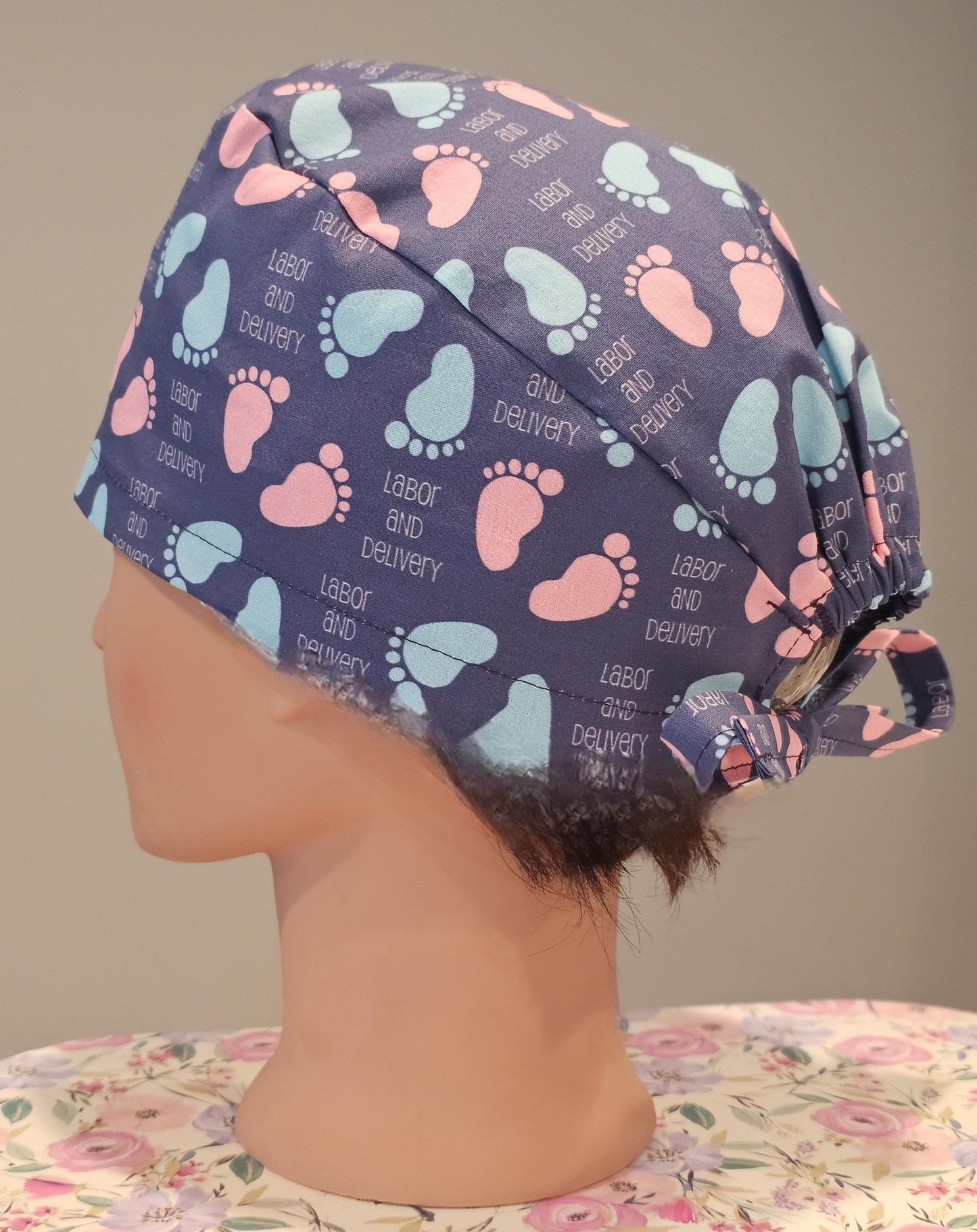 Labor and Delivery Blue and Pink Baby Feet on Dark Blue Scrub Caps