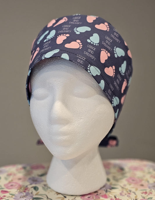 Labor and Delivery Blue and Pink Baby Feet on Dark Blue Scrub Caps