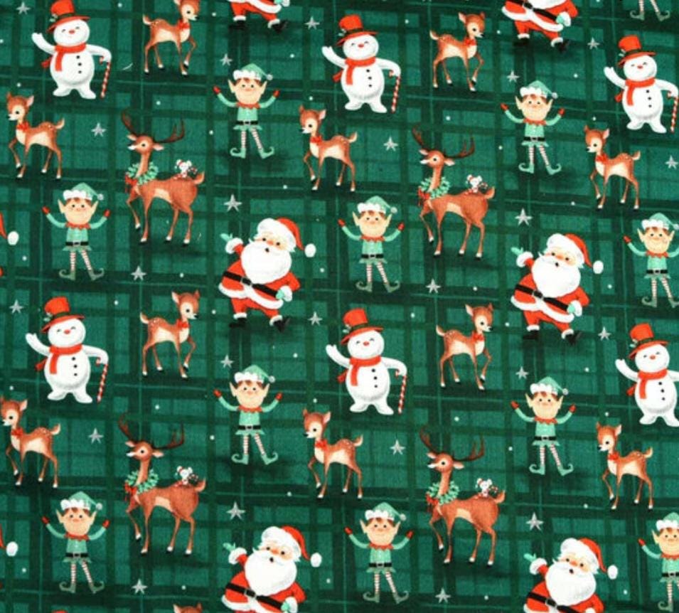 Holiday Icons on Green Tattersall Plaid Christmas Scrub  Caps