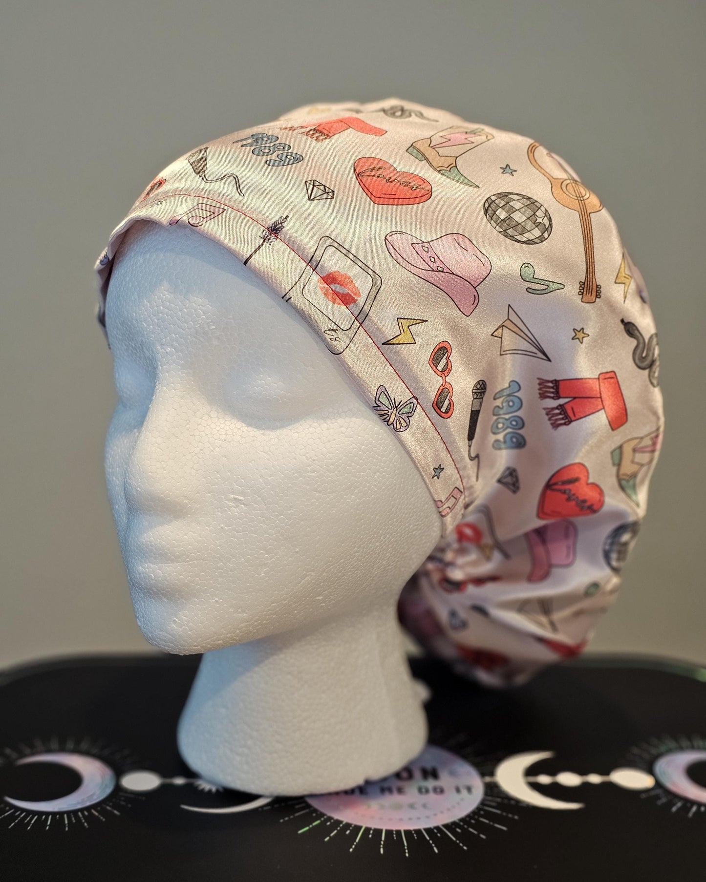 Swifty Icons On Cream Satin Scrub Caps