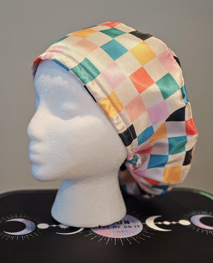 Bright Mid-Century Checks Satin Scrub Caps